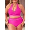 Tempt Me Women Plus Size Bikini High Waisted Swimsuits Mesh Tummy Control Two Piece Bathing Suit(Hot Pink)