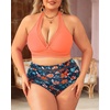 Tempt Me Women Plus Size Bikini High Waisted Swimsuits Mesh Tummy Control Two Piece Bathing Suit(Orange Floral)