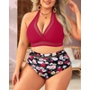 Tempt Me Women Plus Size Bikini High Waisted Swimsuits Mesh Tummy Control Two Piece Bathing Suit(Red and Floral)