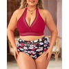 Tempt Me Women Plus Size Bikini High Waisted Swimsuits Mesh Tummy Control Two Piece Bathing Suit(Red and Floral)