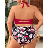 Tempt Me Women Plus Size Bikini High Waisted Swimsuits Mesh Tummy Control Two Piece Bathing Suit(Red and Floral)