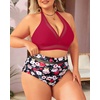 Tempt Me Women Plus Size Bikini High Waisted Swimsuits Mesh Tummy Control Two Piece Bathing Suit(Red and Floral)