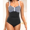 Tempt Me Women Ruched Slimming One Piece Swimsuits Tummy Control Vintage Bathing Suits(Black Striped)
