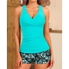 Women Tankini Swimsuits with Shorts – Two Piece Tummy Control Bathing Suits Top with Two Pockets Bottom Swimwear(Aqua and Flower)