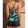 Women Tankini Swimsuits with Shorts – Two Piece Tummy Control Bathing Suits Top with Two Pockets Bottom Swimwear(Black Colorful Leaves)
