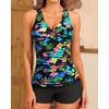 Women Tankini Swimsuits with Shorts – Two Piece Tummy Control Bathing Suits Top with Two Pockets Bottom Swimwear(Black Colorful Leaves)