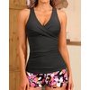 Women Tankini Swimsuits with Shorts – Two Piece Tummy Control Bathing Suits Top with Two Pockets Bottom Swimwear(Black Floral)