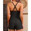 Women Tankini Swimsuits with Shorts – Two Piece Tummy Control Bathing Suits Top with Two Pockets Bottom Swimwear(Black Stripe)