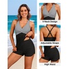 Women Tankini Swimsuits with Shorts – Two Piece Tummy Control Bathing Suits Top with Two Pockets Bottom Swimwear(Black Stripe)