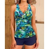 Women Tankini Swimsuits with Shorts – Two Piece Tummy Control Bathing Suits Top with Two Pockets Bottom Swimwear(Blue Leaves)