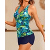 Women Tankini Swimsuits with Shorts – Two Piece Tummy Control Bathing Suits Top with Two Pockets Bottom Swimwear(Blue Leaves)
