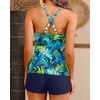 Women Tankini Swimsuits with Shorts – Two Piece Tummy Control Bathing Suits Top with Two Pockets Bottom Swimwear(Blue Leaves)