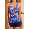 Women Tankini Swimsuits with Shorts – Two Piece Tummy Control Bathing Suits Top with Two Pockets Bottom Swimwear(Blue Multicolor)