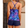 Women Tankini Swimsuits with Shorts – Two Piece Tummy Control Bathing Suits Top with Two Pockets Bottom Swimwear(Blue Purple Leaves)