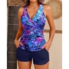 Women Tankini Swimsuits with Shorts – Two Piece Tummy Control Bathing Suits Top with Two Pockets Bottom Swimwear(Blue Purple Leaves)