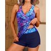 Women Tankini Swimsuits with Shorts – Two Piece Tummy Control Bathing Suits Top with Two Pockets Bottom Swimwear(Blue Purple Leaves)