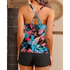 Women Tankini Swimsuits with Shorts – Two Piece Tummy Control Bathing Suits Top with Two Pockets Bottom Swimwear(Blue and Red Leaves)