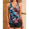 Women Tankini Swimsuits with Shorts – Two Piece Tummy Control Bathing Suits Top with Two Pockets Bottom Swimwear(Blue and Red Leaves)