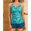 Women Tankini Swimsuits with Shorts – Two Piece Tummy Control Bathing Suits Top with Two Pockets Bottom Swimwear(Green Paisley)