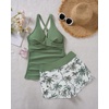 Women Tankini Swimsuits with Shorts – Two Piece Tummy Control Bathing Suits Top with Two Pockets Bottom Swimwear(Green Palm Tree)