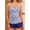 Women Tankini Swimsuits with Shorts – Two Piece Tummy Control Bathing Suits Top with Two Pockets Bottom Swimwear(Navy Striped)