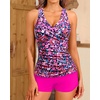 Women Tankini Swimsuits with Shorts – Two Piece Tummy Control Bathing Suits Top with Two Pockets Bottom Swimwear(Pink Flower)