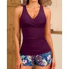 Women Tankini Swimsuits with Shorts – Two Piece Tummy Control Bathing Suits Top with Two Pockets Bottom Swimwear(Purple Leaves)