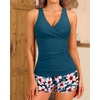 Women Tankini Swimsuits with Shorts – Two Piece Tummy Control Bathing Suits Top with Two Pockets Bottom Swimwear(Teal Flower)