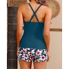 Women Tankini Swimsuits with Shorts – Two Piece Tummy Control Bathing Suits Top with Two Pockets Bottom Swimwear(Teal Flower)