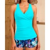 Women Tankini Swimsuits with Shorts – Two Piece Tummy Control Bathing Suits Top with Two Pockets Bottom Swimwear(Teal and Leaves)