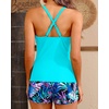 Women Tankini Swimsuits with Shorts – Two Piece Tummy Control Bathing Suits Top with Two Pockets Bottom Swimwear(Teal and Leaves)