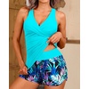 Women Tankini Swimsuits with Shorts – Two Piece Tummy Control Bathing Suits Top with Two Pockets Bottom Swimwear(Teal and Leaves)