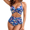 High Waisted Underwire Bikini Sets – Women 2025 Two Piece Swimsuits Halter Bathing Suits with Tummy Control Bottom(Blue Floral)