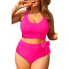 Plus Size Two Piece Swimsuits – Women High Waisted Bikini Scoop Neck Bathing Suit Swimwear(Hot Pink)
