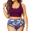 Plus Size Two Piece Swimsuits – Women High Waisted Bikini Scoop Neck Bathing Suit Swimwear(Purple Leaf)