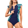 Tempt Me One Piece Swimsuits for Women Zip Front Rash Guard Short Sleeve Tummy Control Surfing Sport Bathing Suits(Blue Leaf)