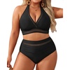 Tempt Me Women Plus Size Bikini High Waisted Swimsuits Mesh Tummy Control Two Piece Bathing Suit(Black)
