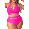 Tempt Me Women Plus Size Bikini High Waisted Swimsuits Mesh Tummy Control Two Piece Bathing Suit(Hot Pink)