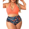 Tempt Me Women Plus Size Bikini High Waisted Swimsuits Mesh Tummy Control Two Piece Bathing Suit(Orange Floral)