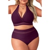 Tempt Me Women Plus Size Bikini High Waisted Swimsuits Mesh Tummy Control Two Piece Bathing Suit(Purple)