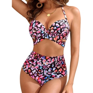 High Waisted Underwire Bikini Sets – Women 2025 Two Piece Swimsuits Halter Bathing Suits with Tummy Control Bottom(Colorful Leopard)