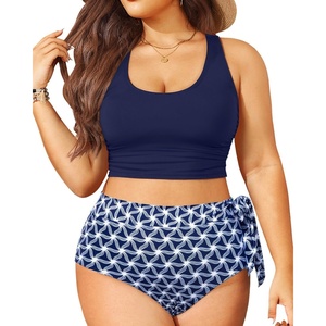 Plus Size Two Piece Swimsuits – Women High Waisted Bikini Scoop Neck Bathing Suit Swimwear(Blue Geometry)