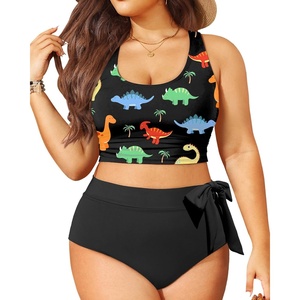 Plus Size Two Piece Swimsuits – Women High Waisted Bikini Scoop Neck Bathing Suit Swimwear(Dinosaur Print)