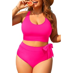 Plus Size Two Piece Swimsuits – Women High Waisted Bikini Scoop Neck Bathing Suit Swimwear(Hot Pink)