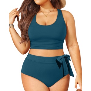Plus Size Two Piece Swimsuits – Women High Waisted Bikini Scoop Neck Bathing Suit Swimwear(Teal)