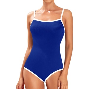 Tempt Me Athletic One Piece Swimsuits for Women Training Sport Tummy Control Bathing Suits(Royal Blue and White-ribbed)