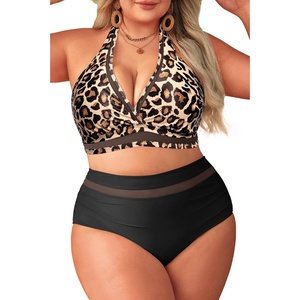 Tempt Me Women Plus Size Bikini High Waisted Swimsuits Mesh Tummy Control Two Piece Bathing Suit(Black Leopard)