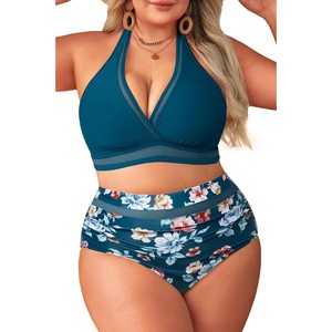 Tempt Me Women Plus Size Bikini High Waisted Swimsuits Mesh Tummy Control Two Piece Bathing Suit(Blue Flower)
