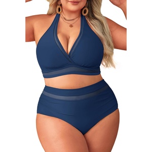 Tempt Me Women Plus Size Bikini High Waisted Swimsuits Mesh Tummy Control Two Piece Bathing Suit(Dark Blue)