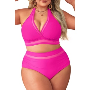 Tempt Me Women Plus Size Bikini High Waisted Swimsuits Mesh Tummy Control Two Piece Bathing Suit(Hot Pink)